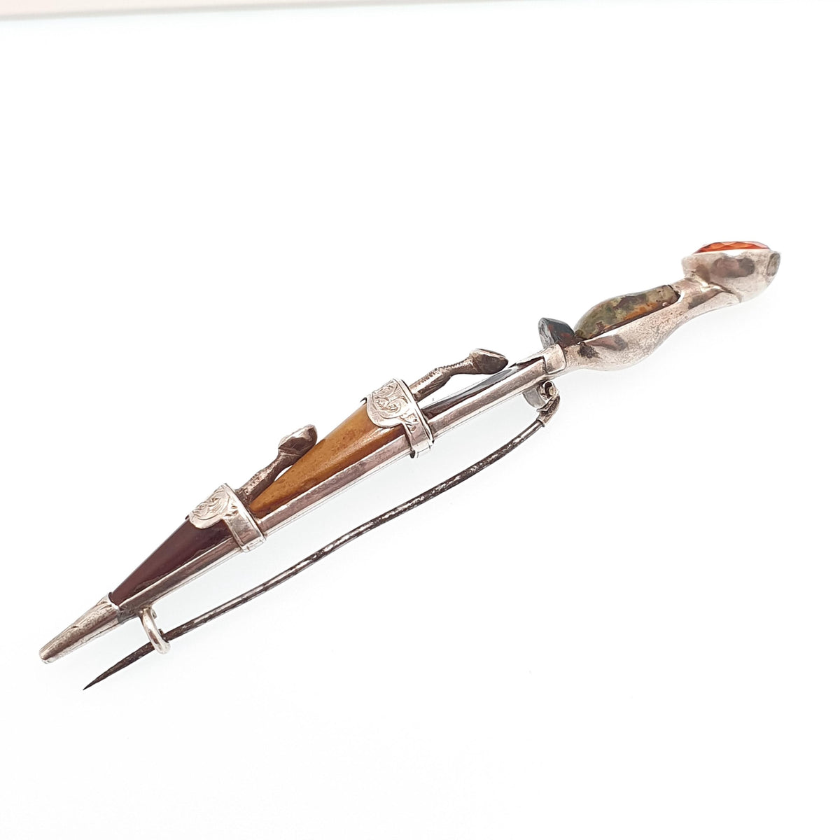 Antique Victorian Sterling Silver Dirk Brooch Citrine Very Large Big Pin Jasper Lace Agate Cairngorm Vintage Jewelry Jewellery