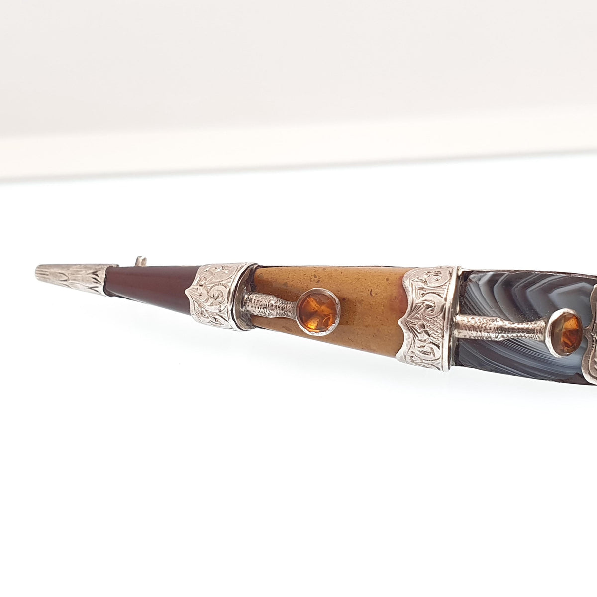 Antique Victorian Sterling Silver Dirk Brooch Citrine Very Large Big Pin Jasper Lace Agate Cairngorm Vintage Jewelry Jewellery
