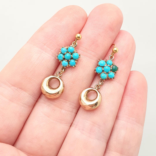 Antique Victorian 9ct Gold Turquoise Earrings Cluster Hook Drop Etruscan Hoop Dangle Solid 9k 9kt 1800s Vintage Jewelry Womens Jewellery