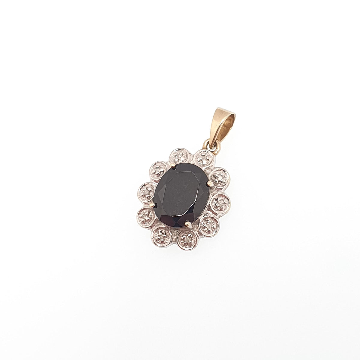 Vintage 9ct Gold Onyx & Diamond Necklace Pendant Solid 9k 375 Cluster Halo Black Oval Cut Women Jewelry Jewellery