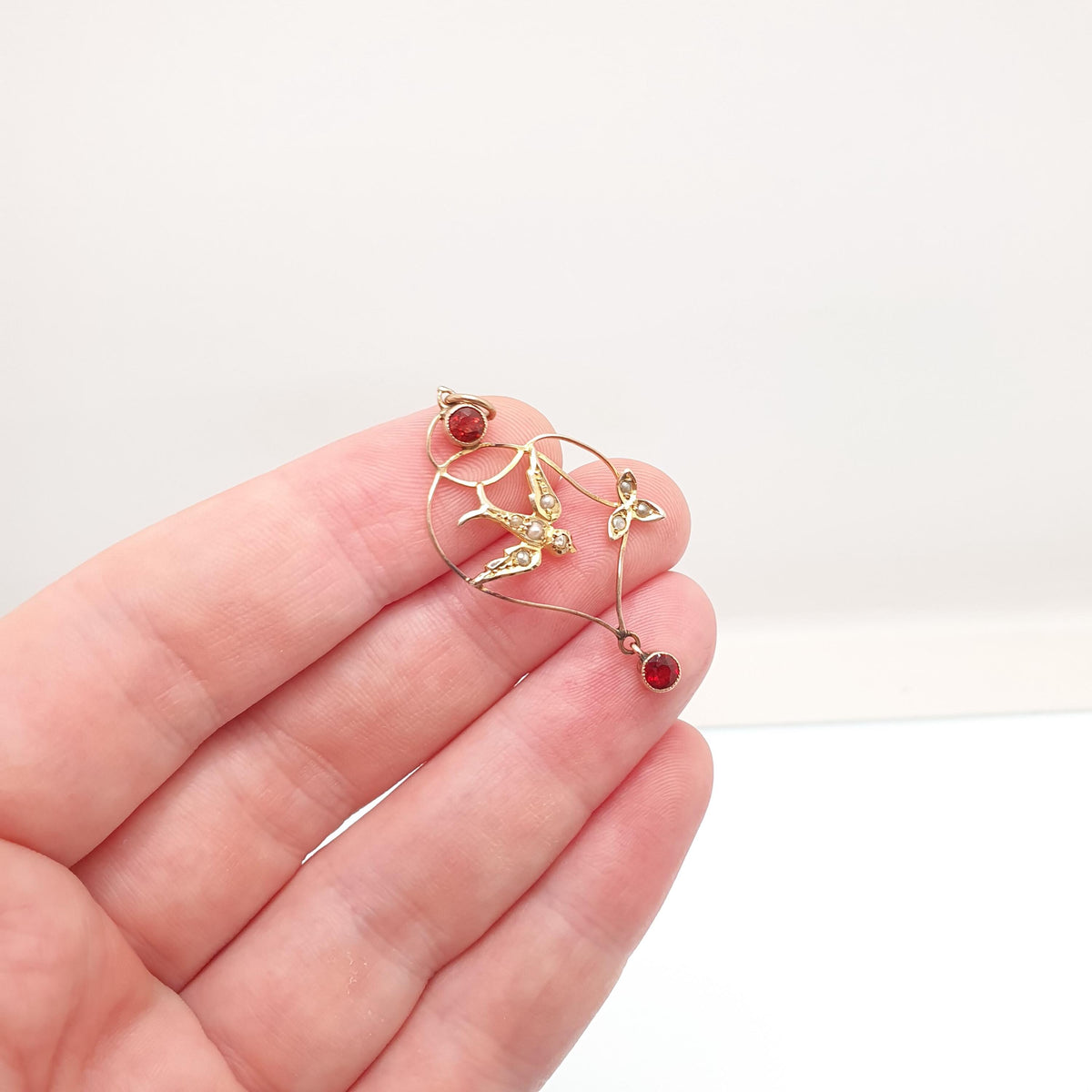 Antique 9ct Gold Bird Pendant Garnet Seed Pearl Necklace Solid 9k 375 Edwardian Swallow Vintage Womens Jewellery Jewelry