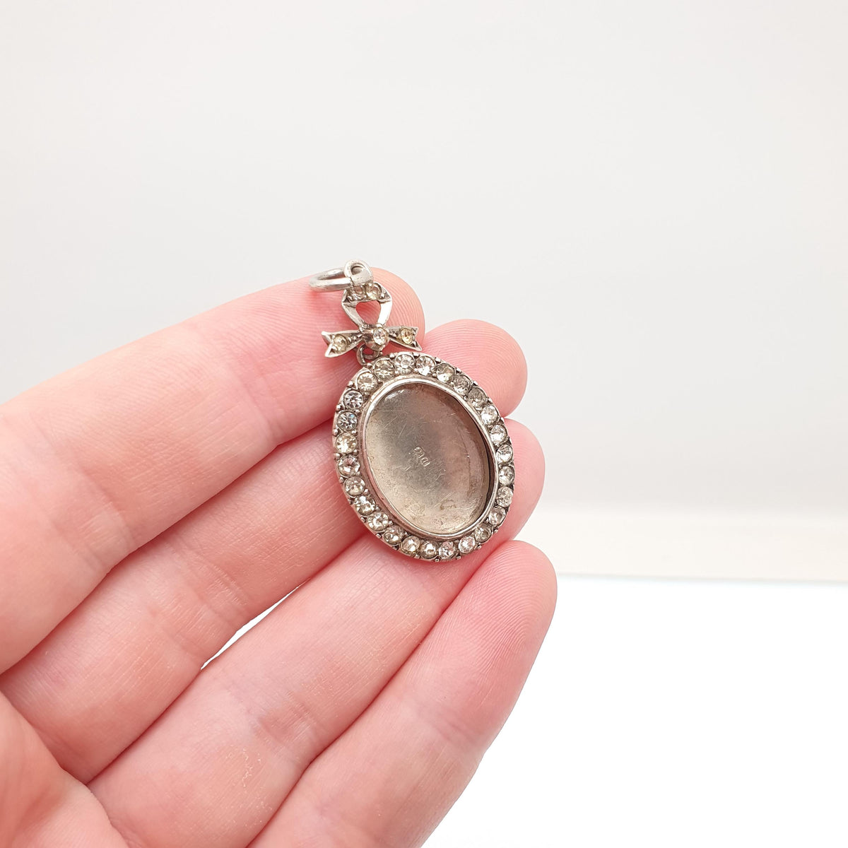 Antique Sterling Silver Diamond Paste Locket Pendant Edwardian 1903 Necklace Picture Photo Bow Oval Womens Vintage Jewelry