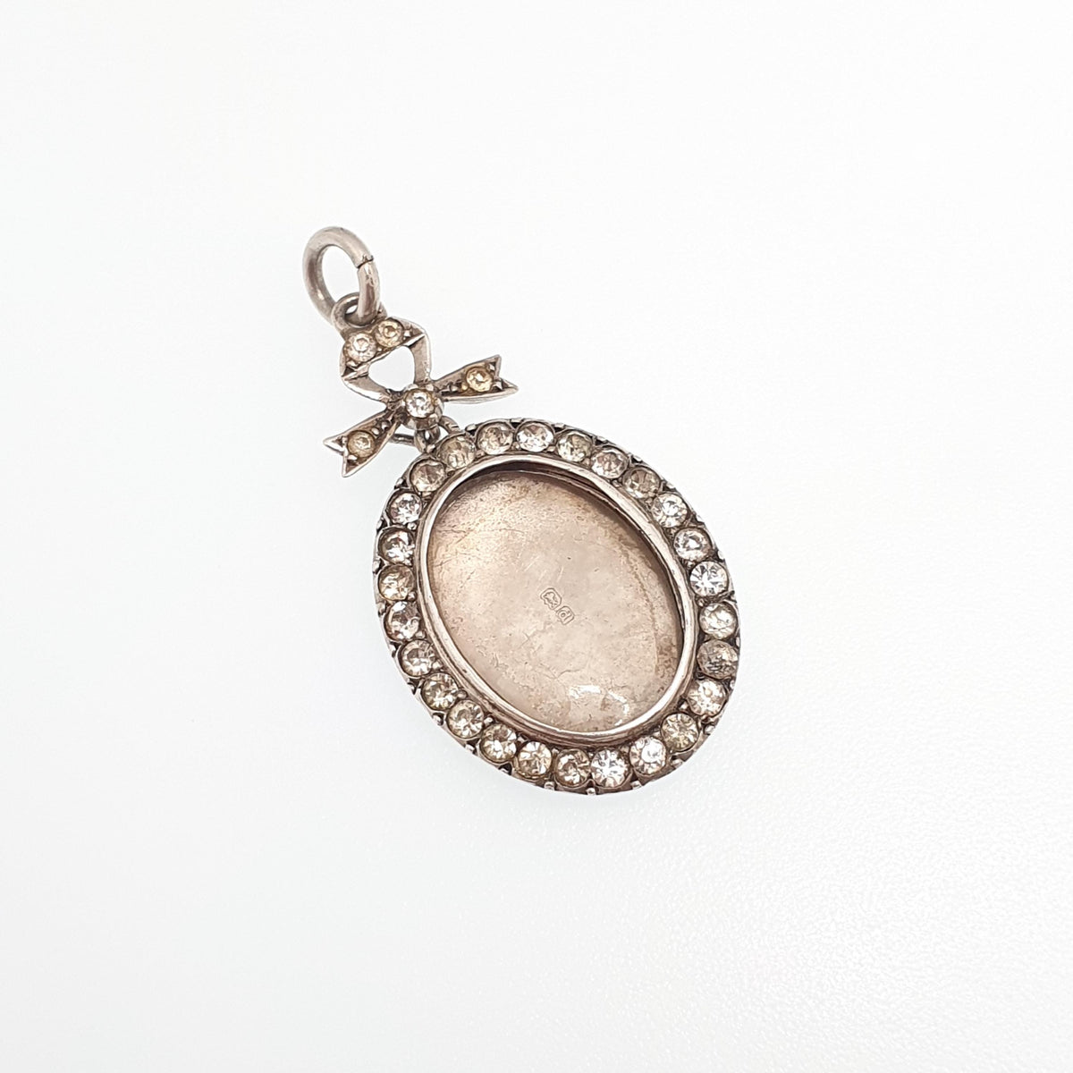 Antique Sterling Silver Diamond Paste Locket Pendant Edwardian 1903 Necklace Picture Photo Bow Oval Womens Vintage Jewelry