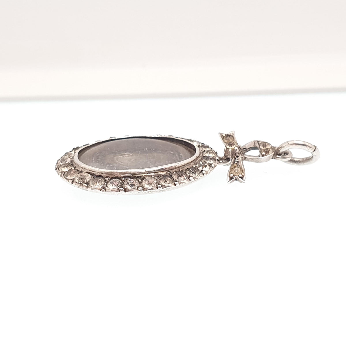 Antique Sterling Silver Diamond Paste Locket Pendant Edwardian 1903 Necklace Picture Photo Bow Oval Womens Vintage Jewelry