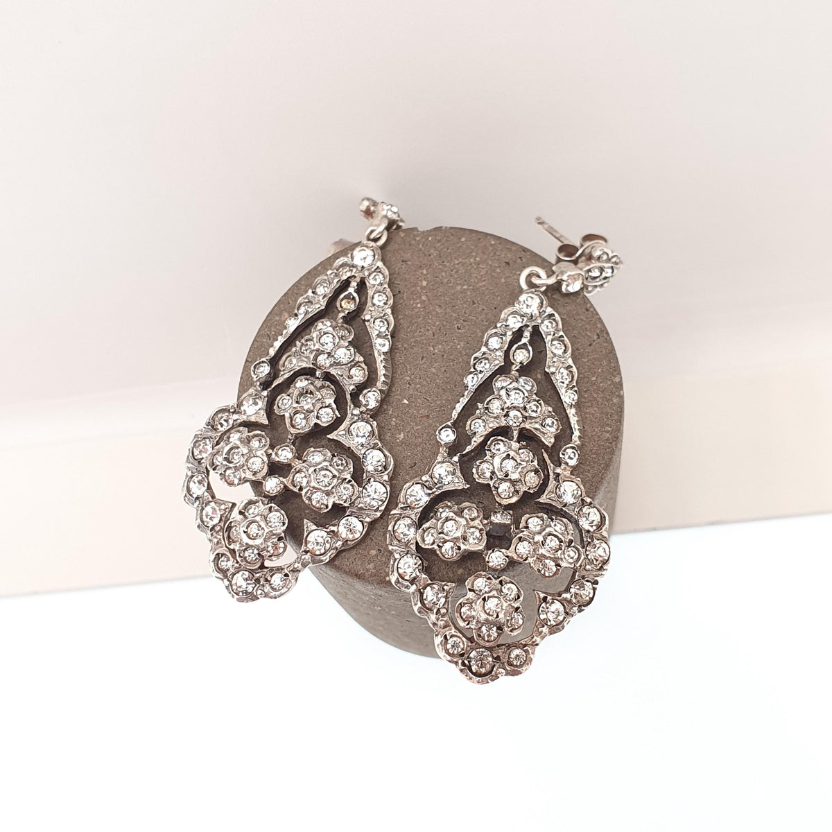 Antique Victorian Solid Silver Diamond Paste Earrings Stud Large Big Dangling Drop Chandelier Art Nouveau Vintage Jewelry Jewellery