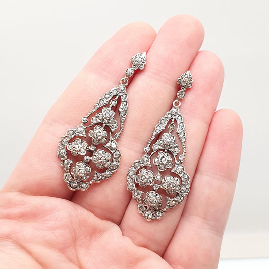 Antique Victorian Solid Silver Diamond Paste Earrings Stud Large Big Dangling Drop Chandelier Art Nouveau Vintage Jewelry Jewellery