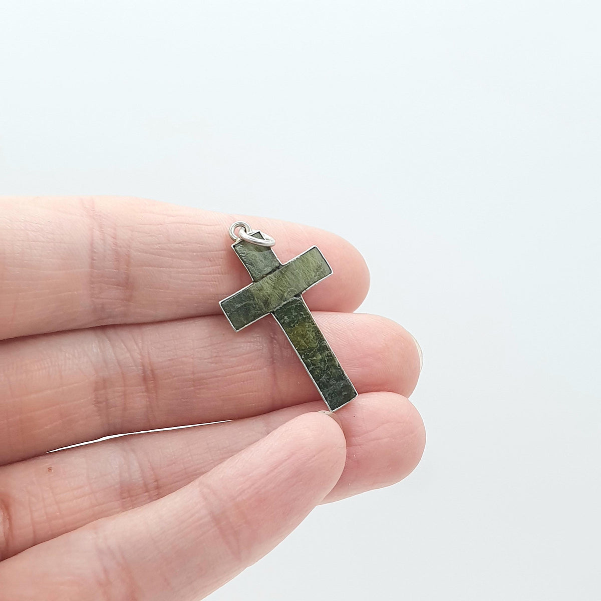 Antique Sterling Silver Connemara Marble Cross Pendant Crucifix 1900 Hallmark Vintage Necklace Celtic Jewelry Jewellery Womens Mens