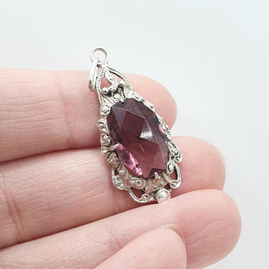 Antique Art Deco Solid Silver Amethyst Paste Pendant Necklace Vintage 1920s Purple Glass Womens Jewellery Jewelry