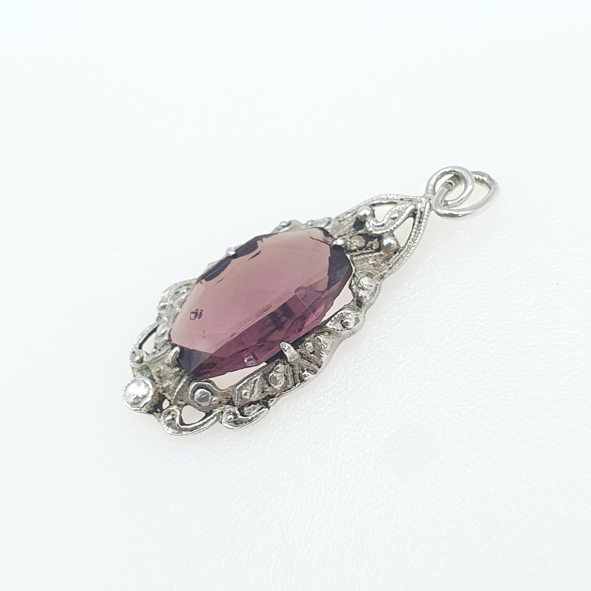 Antique Art Deco Solid Silver Amethyst Paste Pendant Necklace Vintage 1920s Purple Glass Womens Jewellery Jewelry