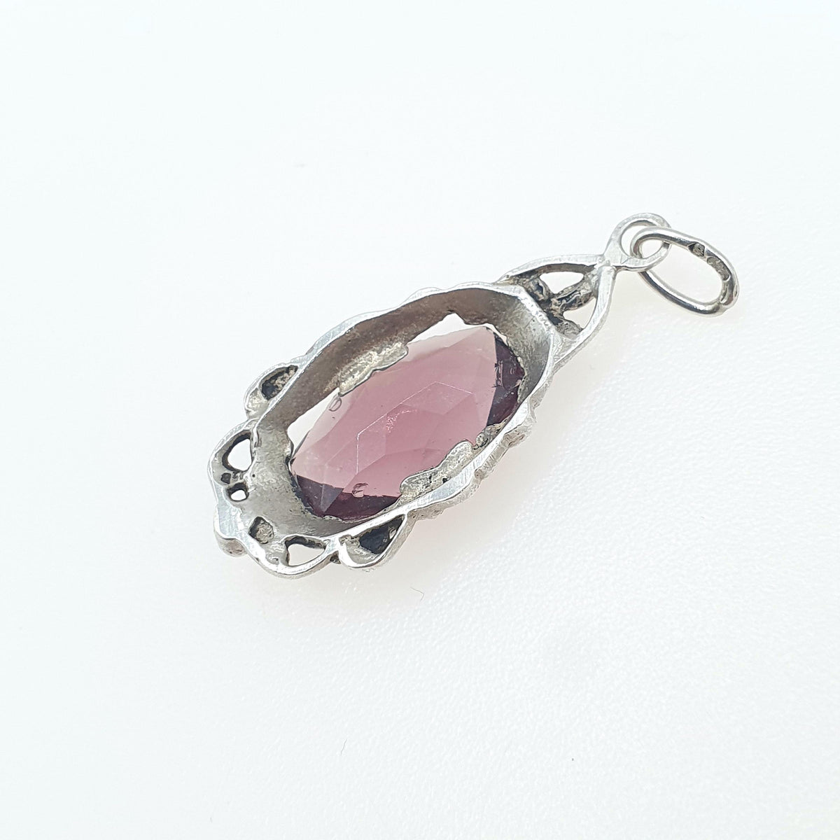 Antique Art Deco Solid Silver Amethyst Paste Pendant Necklace Vintage 1920s Purple Glass Womens Jewellery Jewelry
