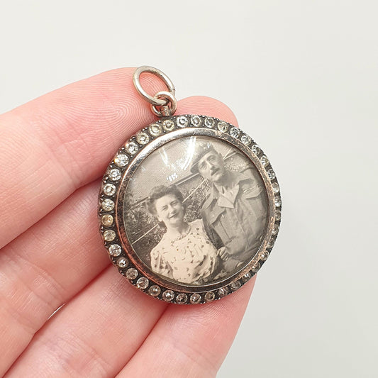 Antique Solid Silver Diamond Paste Locket Pendant Large Big Edwardian Necklace Picture Photo Double Sided Round Vintage Jewelry Jewellery