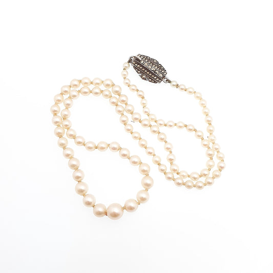 Antique Art Deco Cultured Pearl Necklace Solid Silver Marcasite Clasp 49cm 19.2" 15.63g Real Genuine Pearls Vintage 1920s Jewelry Jewellery