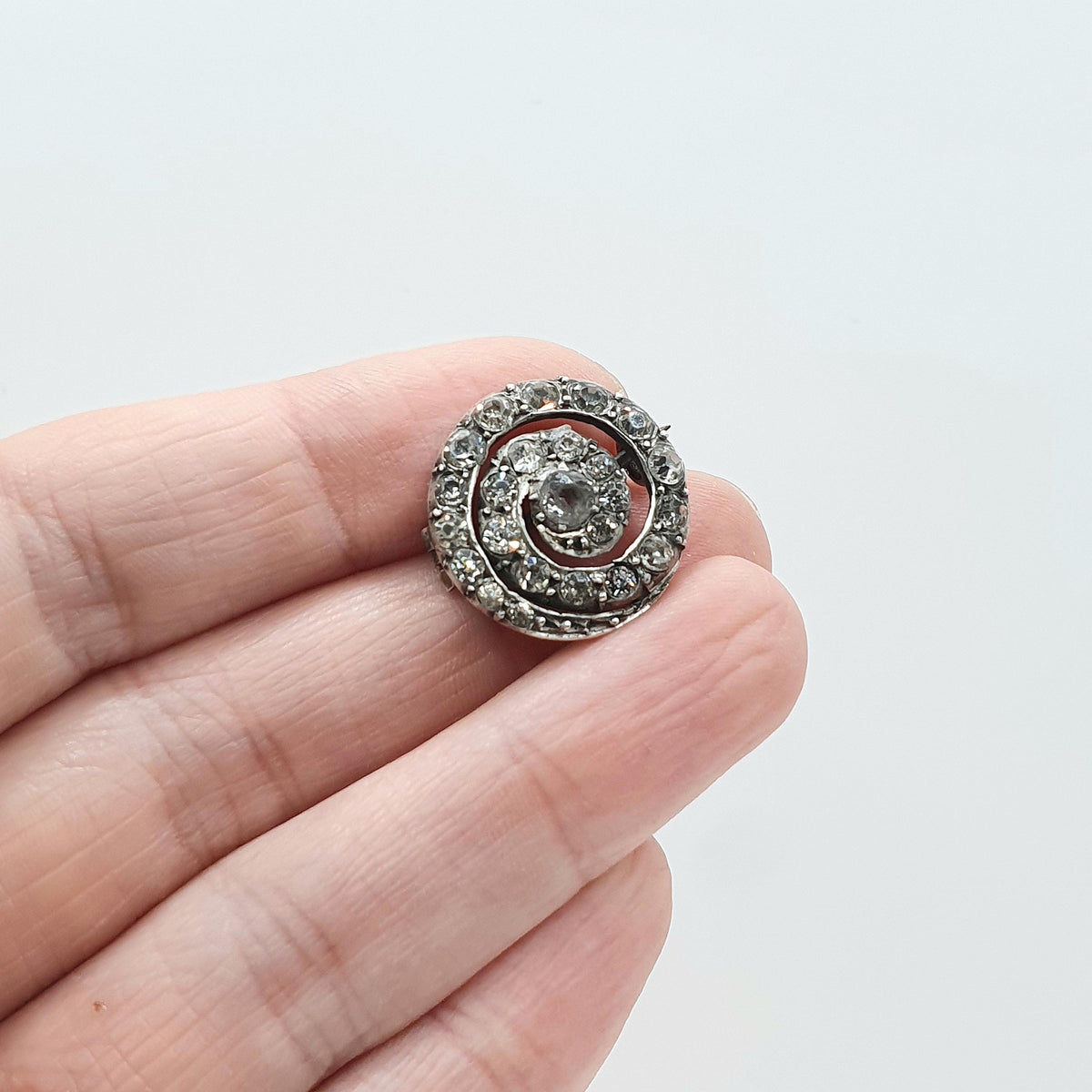 Antique Victorian Solid Silver Diamond Paste Spiral Brooch Swirl Old Cut Pastes Handmade 1800s Vintage Womens Jewelry Jewellery