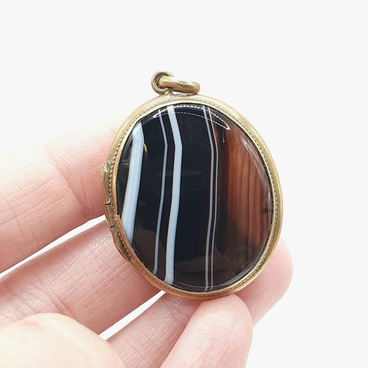 Antique Victorian Agate Locket Large Oval Genuine Gemstone Banded Striped Gold Tone Base Metal Vintage Womens Jewelry Jewellery