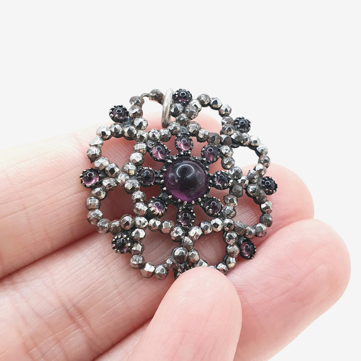 Antique Georgian Amethyst Paste Steel Cut Pendant Necklace Snowflake Shape Early 1800s Vintage Womens Jewelry Jewellery
