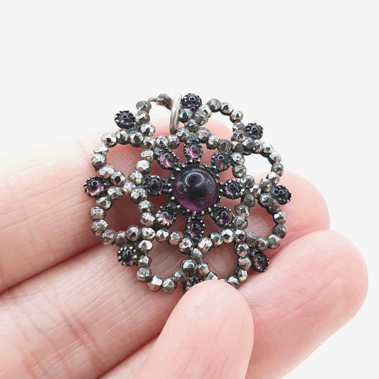 Antique Georgian Amethyst Paste Steel Cut Pendant Necklace Snowflake Shape Early 1800s Vintage Womens Jewelry Jewellery