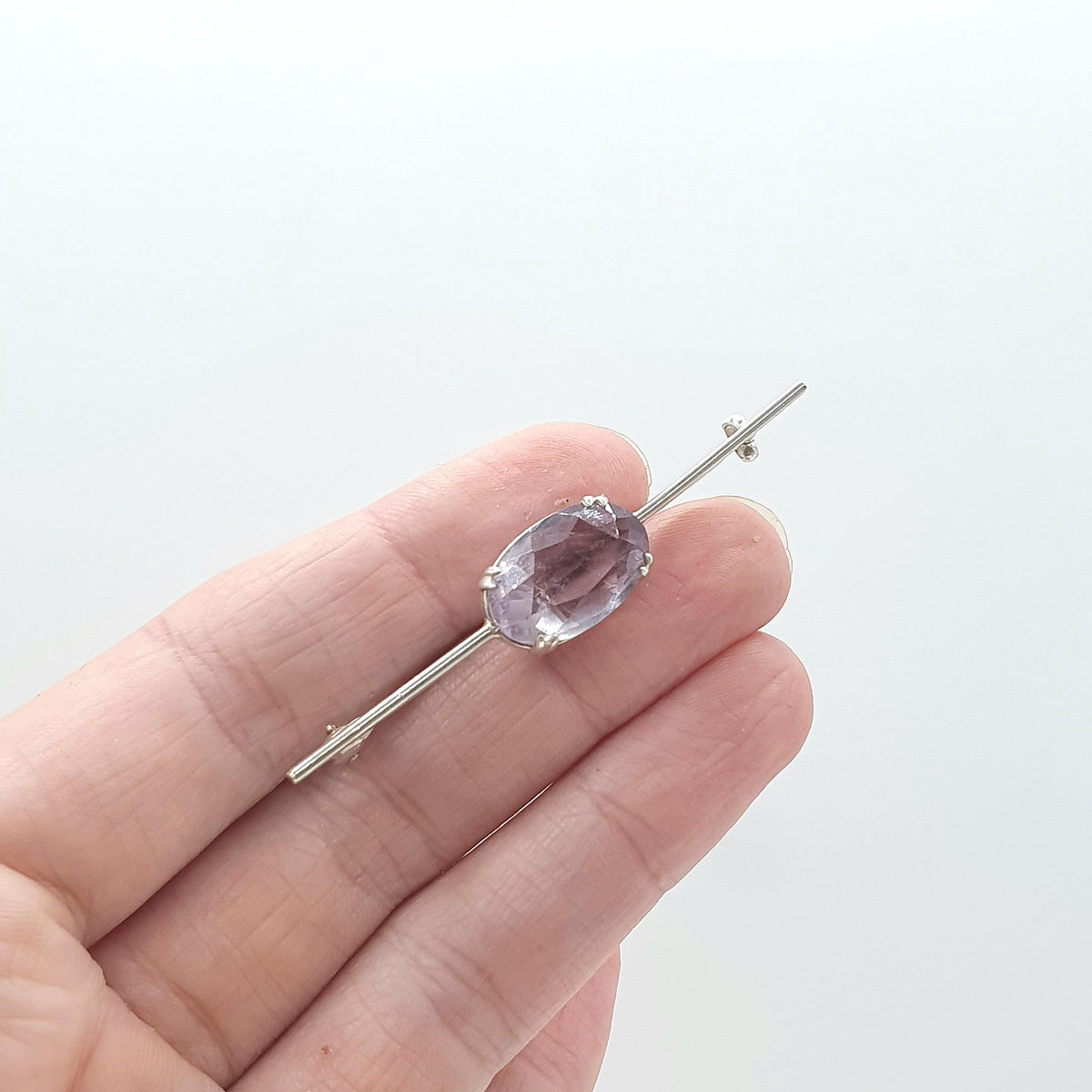 Antique Solid Silver Natural Amethyst Bar Brooch Victorian Pin Oval Cut Purple Quartz Gemstone Lilac Purple Womens Jewelry Jewellery