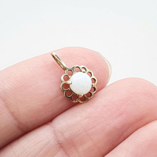 Vintage 9ct Gold Opal Pendant Necklace Small Solitaire Solid 9k 9kt Flower Style White Gemstone Womens Jewelry Jewellery