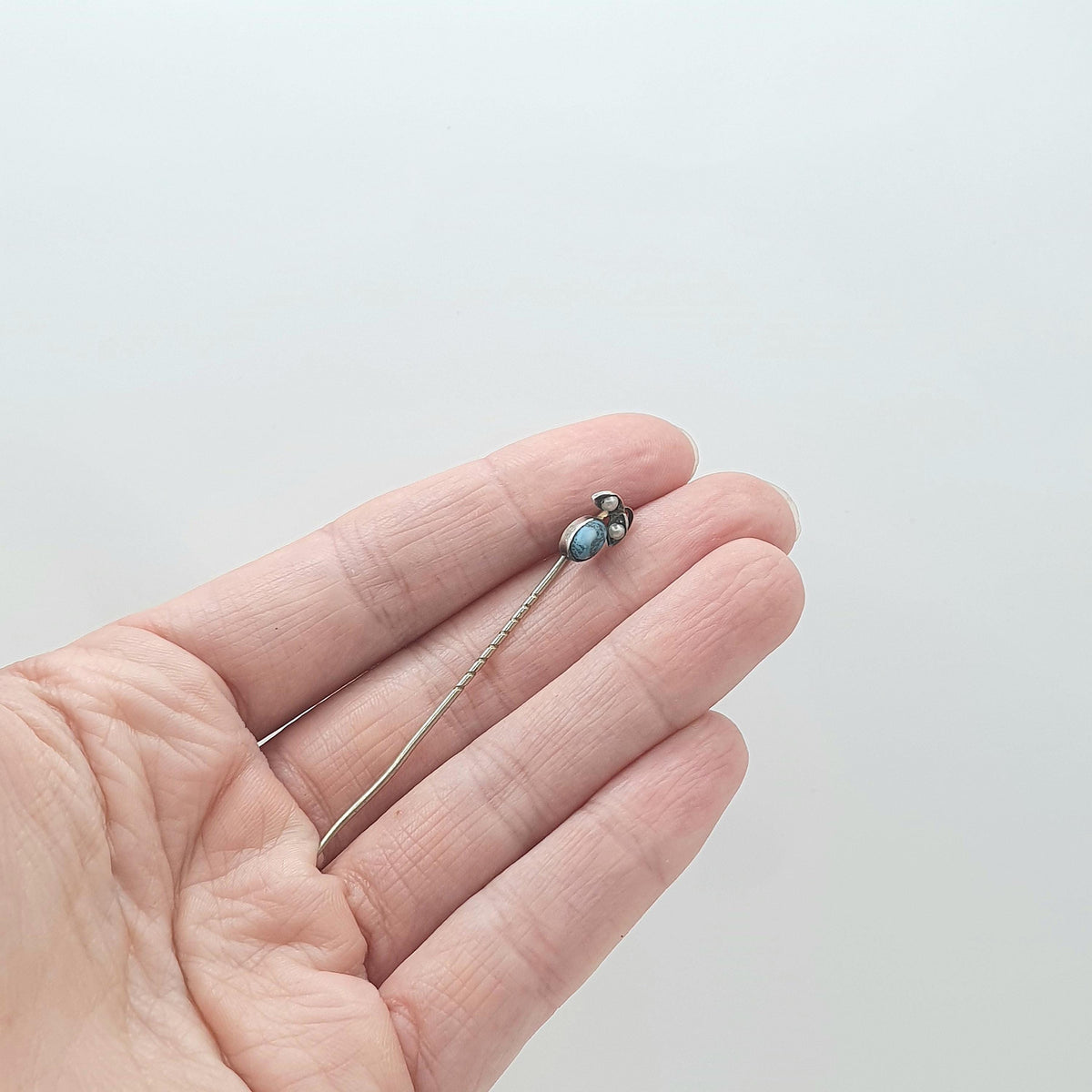 Antique Victorian Solid Silver Turquoise Glass & Pearl Stick Pin Berry Flower and Leaf Base Metal Womens Jewellery Jewelry
