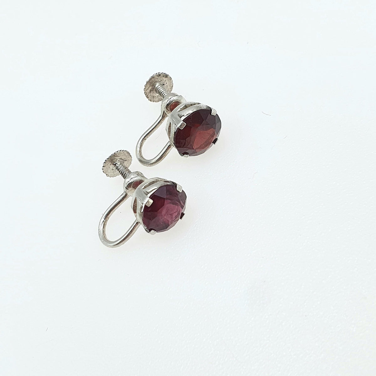 Antique Solid Silver Natural Garnet Earrings Art Deco Round Cut Handmade Screw Back 1920s Vintage Womens Ladies Jewelry Jewellery