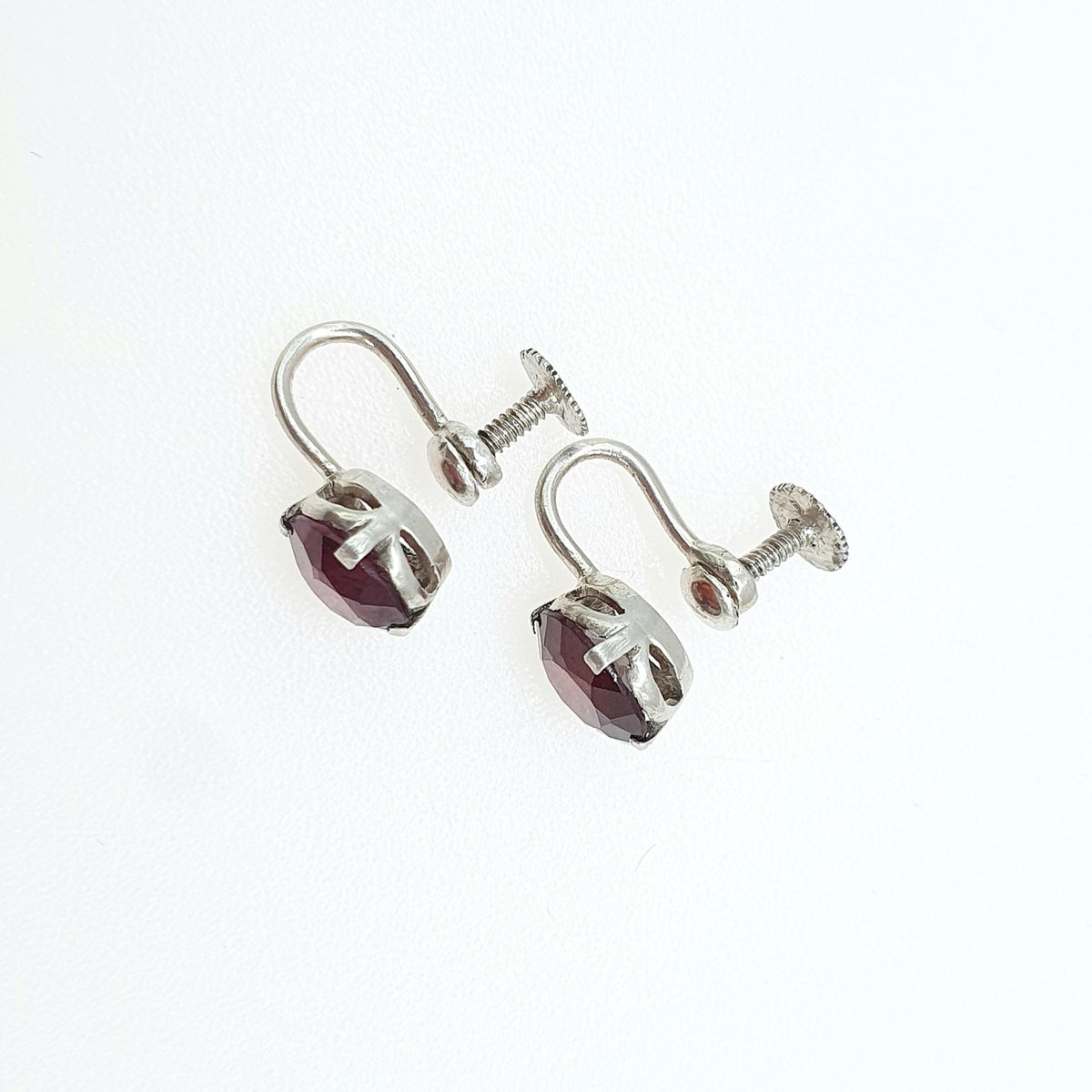 Antique Solid Silver Natural Garnet Earrings Art Deco Round Cut Handmade Screw Back 1920s Vintage Womens Ladies Jewelry Jewellery