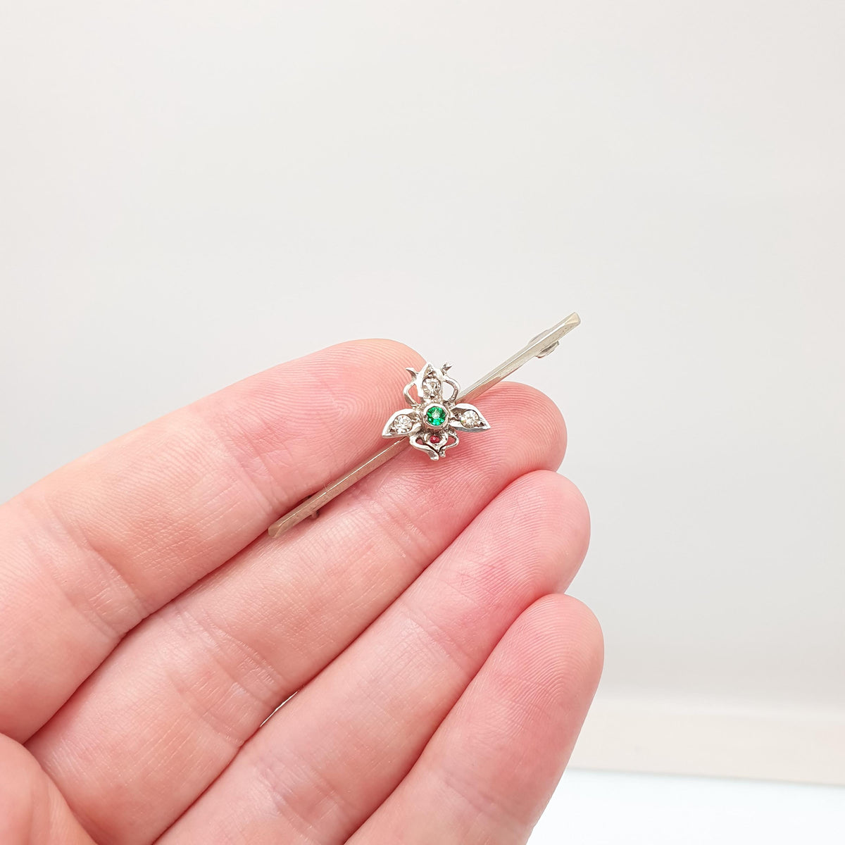 Antique Solid Silver Victorian Fly Brooch Emerald & Diamond Tone Paste Bug Insect Vintage Womens Jewelry Jewellery