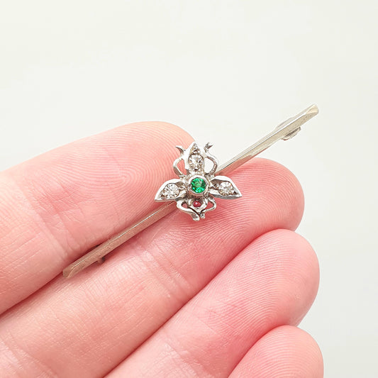 Antique Solid Silver Victorian Fly Brooch Emerald & Diamond Tone Paste Bug Insect Vintage Womens Jewelry Jewellery