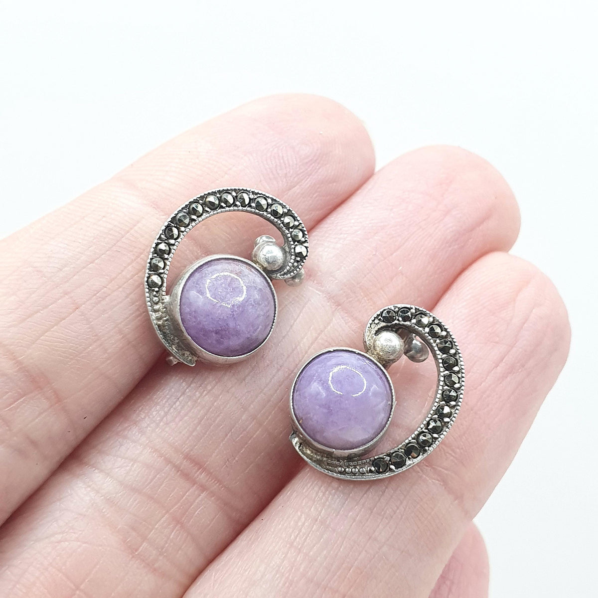 Antique Art Deco Solid Silver Amethyst & Marcasite Earrings Swirl Genuine Quartz Purple Gemstone Clip On Womens Jewelry Jewellery