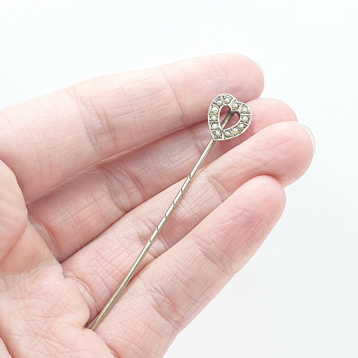 Antique 9ct Gold Heart Stick Pin Seed Pearl Victorian Solid 9k 9kt Head and Base Metal Pin Love Romantic Lapel Jacket Mens Gents Jewellery