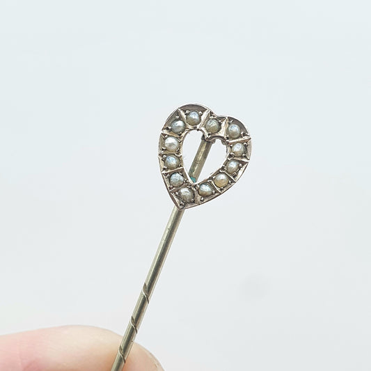 Antique 9ct Gold Heart Stick Pin Seed Pearl Victorian Solid 9k 9kt Head and Base Metal Pin Love Romantic Lapel Jacket Mens Gents Jewellery