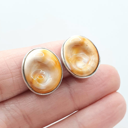 Vintage Solid Silver Mexican Operculum Shell Earrings 950 Silver Mexico Large Clip On Sea Snail Womens Vintage Jewelry Jewellery