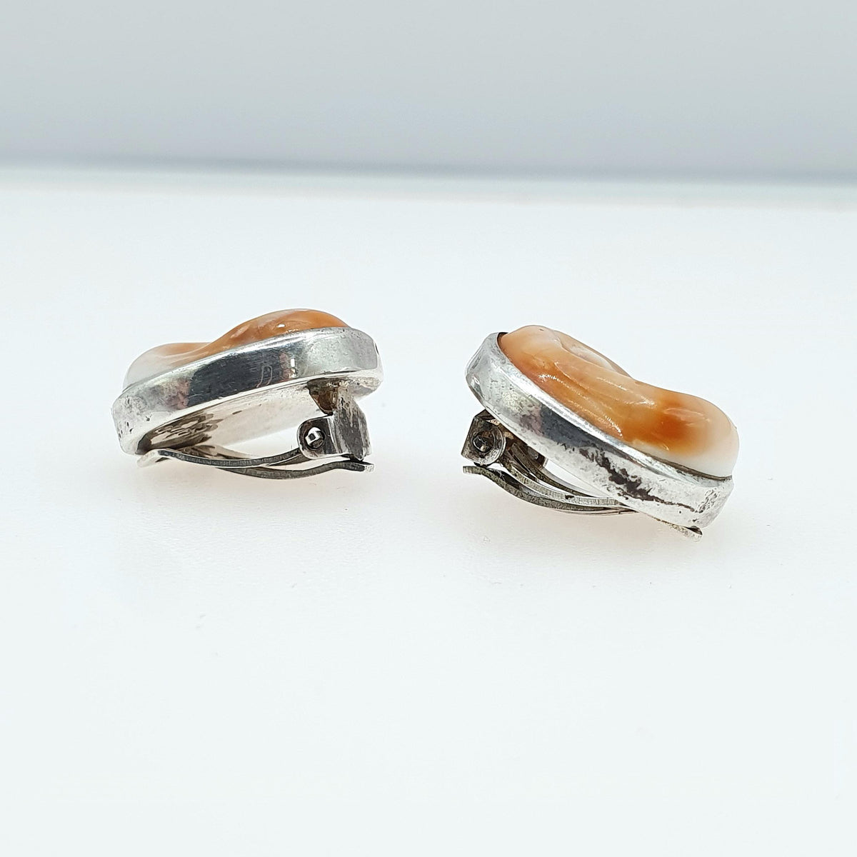 Vintage Solid Silver Mexican Operculum Shell Earrings 950 Silver Mexico Large Clip On Sea Snail Womens Vintage Jewelry Jewellery