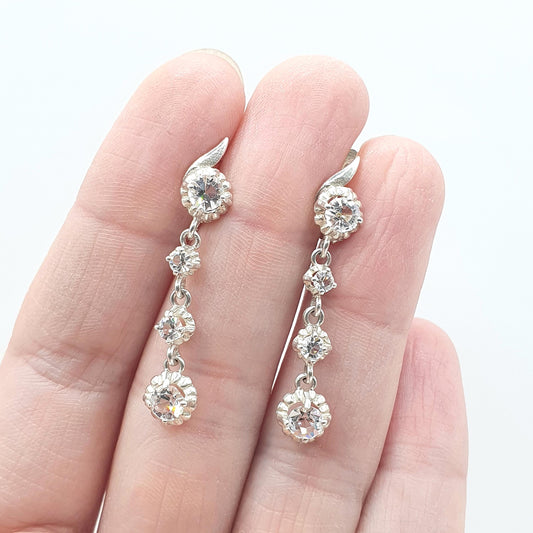 Antique Sterling Silver Diamond Paste Drop Earrings Hanging 4 Stone Round Cut Safety Latch Womens Vintage Jewelry Jewellery