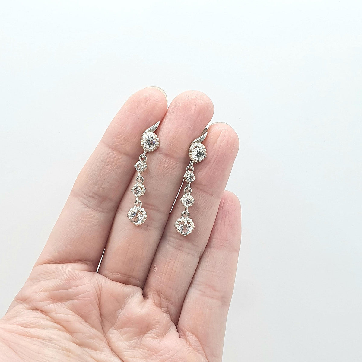 Antique Sterling Silver Diamond Paste Drop Earrings Hanging 4 Stone Round Cut Safety Latch Womens Vintage Jewelry Jewellery