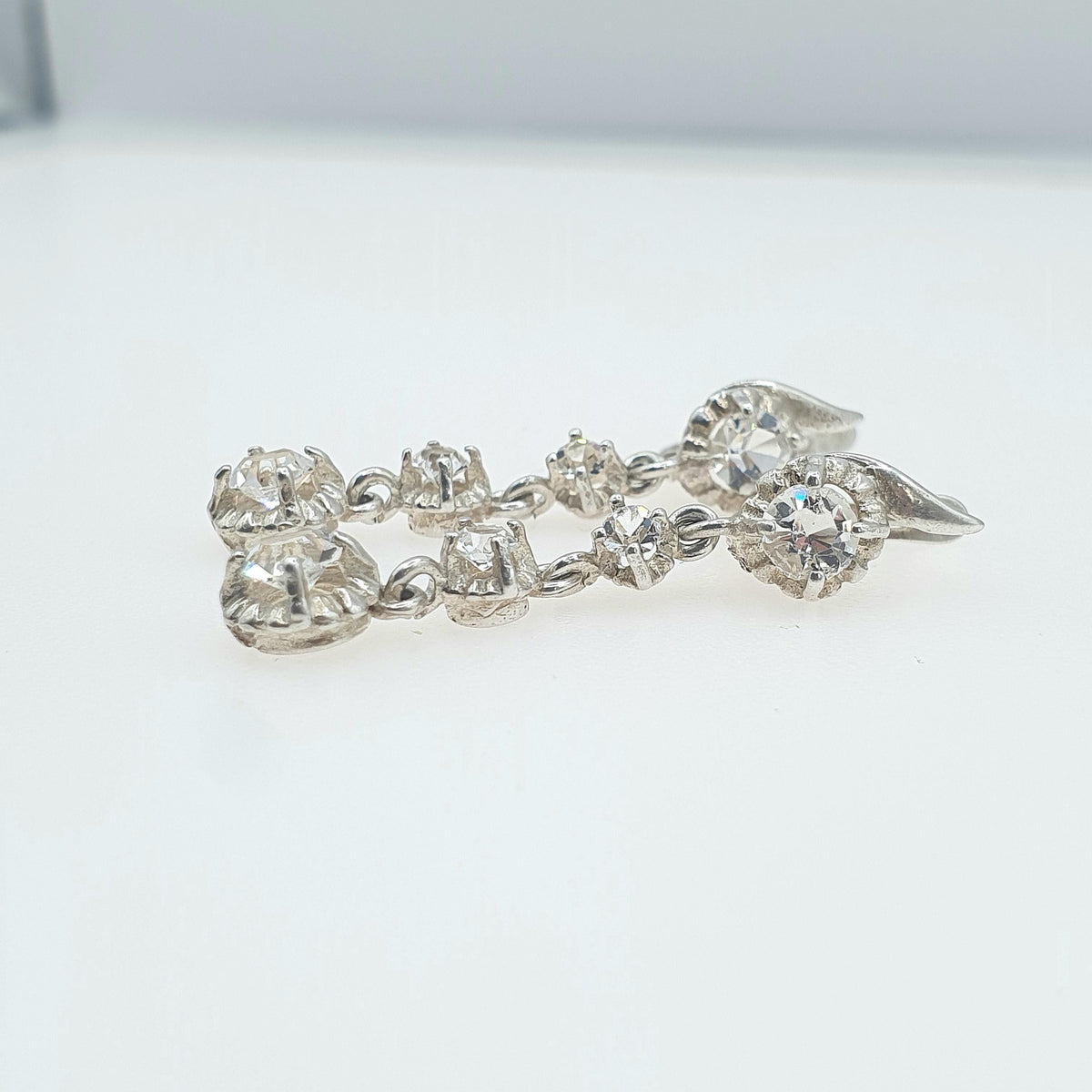 Antique Sterling Silver Diamond Paste Drop Earrings Hanging 4 Stone Round Cut Safety Latch Womens Vintage Jewelry Jewellery