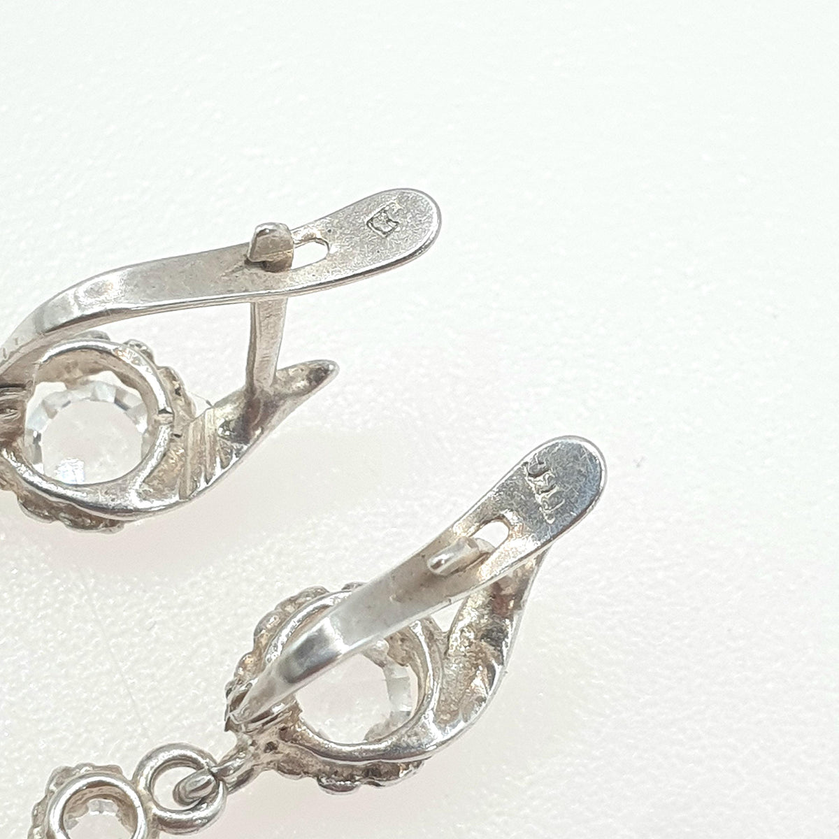Antique Sterling Silver Diamond Paste Drop Earrings Hanging 4 Stone Round Cut Safety Latch Womens Vintage Jewelry Jewellery