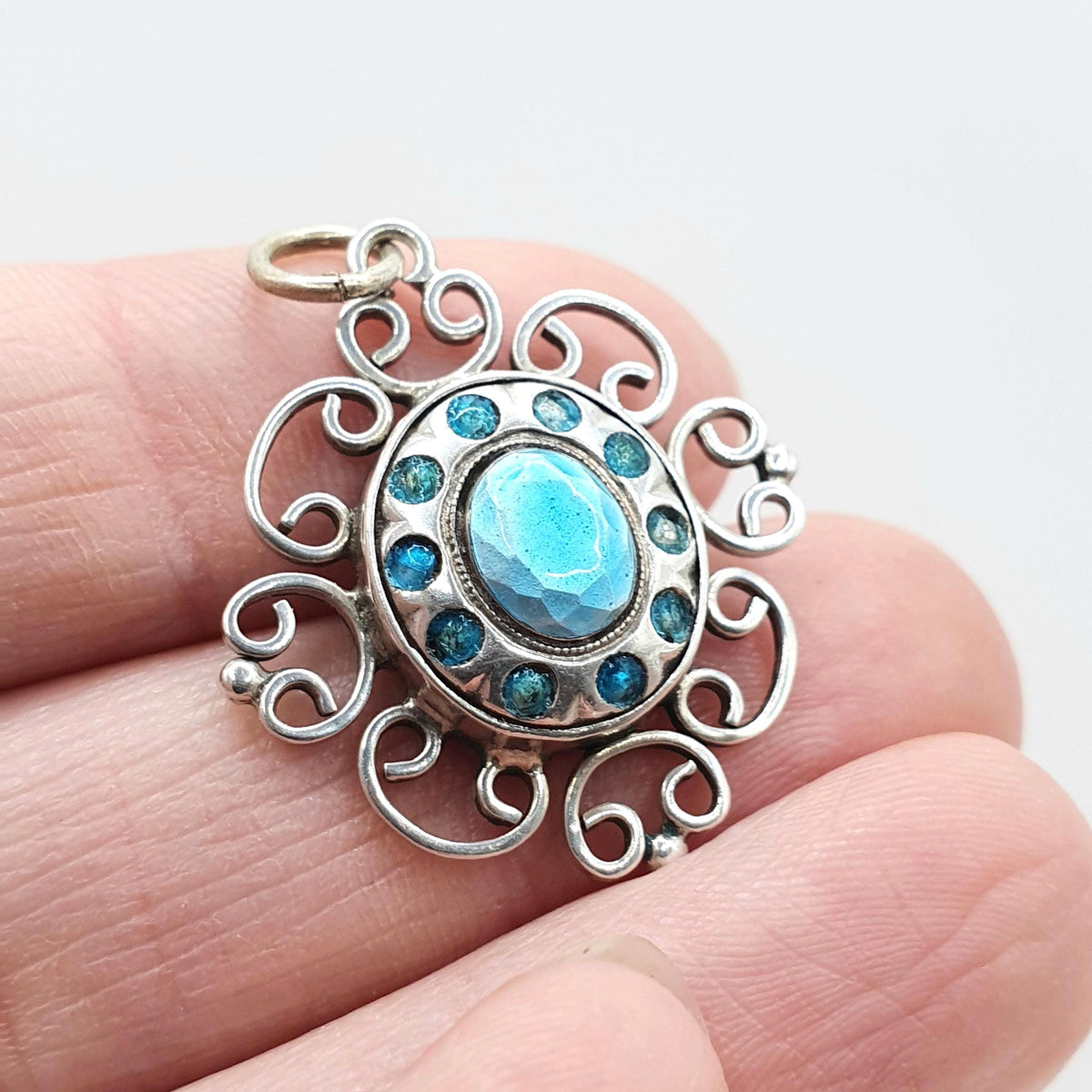 Antique Solid Silver Art Nouveau Pendant Necklace Sky Blue Enamel Handmade Hanging Womens Vintage Jewellery Jewelry