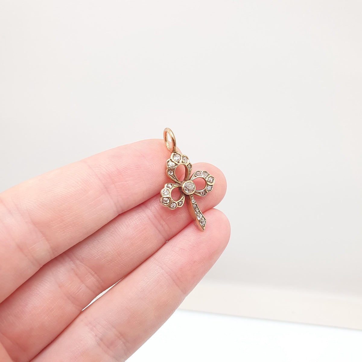 Antique Gold on Solid Silver Natural Diamond Clover Pendant Necklace Old Cut Diamonds Victorian Gold Vermeil Vintage Jewellery Jewelry