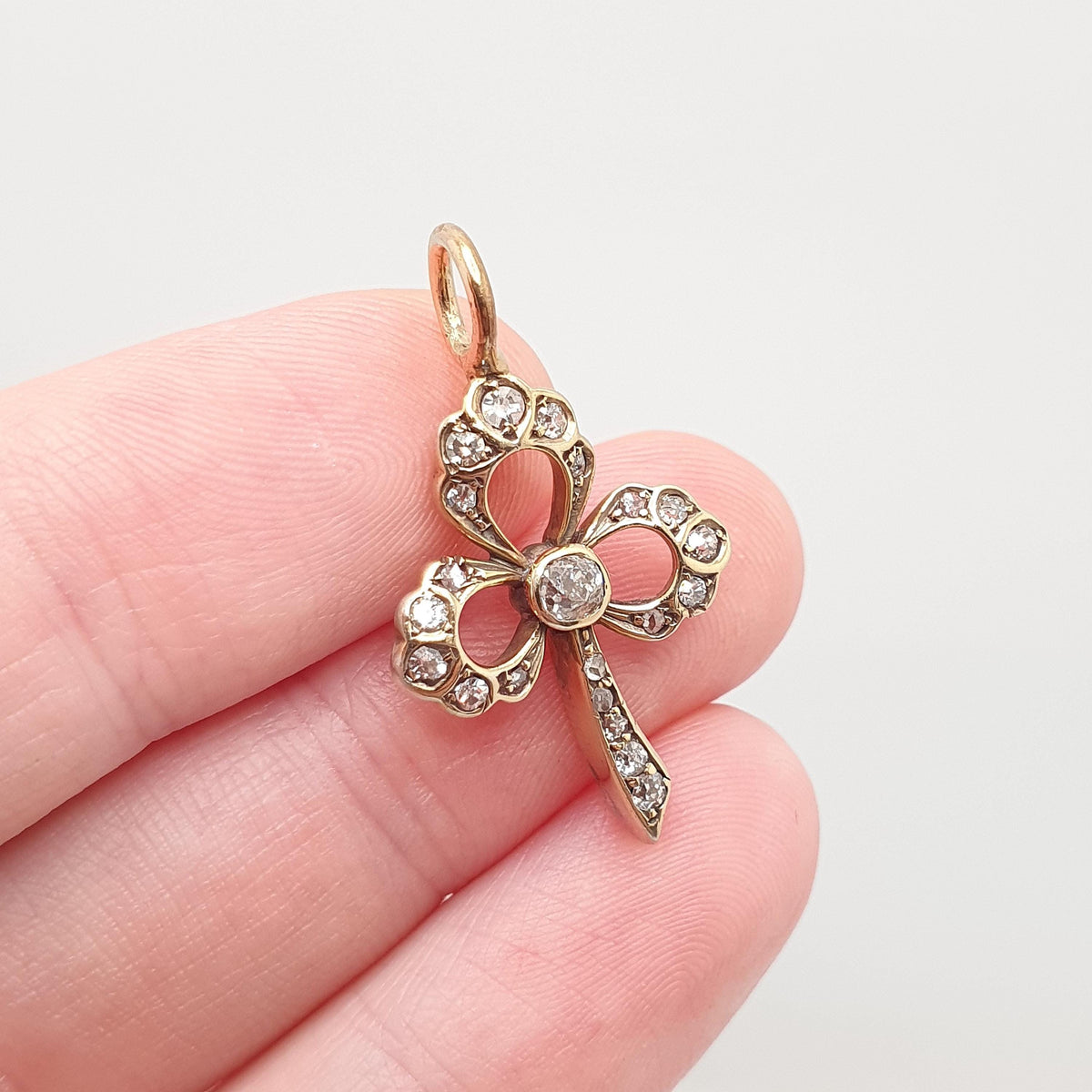 Antique Gold on Solid Silver Natural Diamond Clover Pendant Necklace Old Cut Diamonds Victorian Gold Vermeil Vintage Jewellery Jewelry