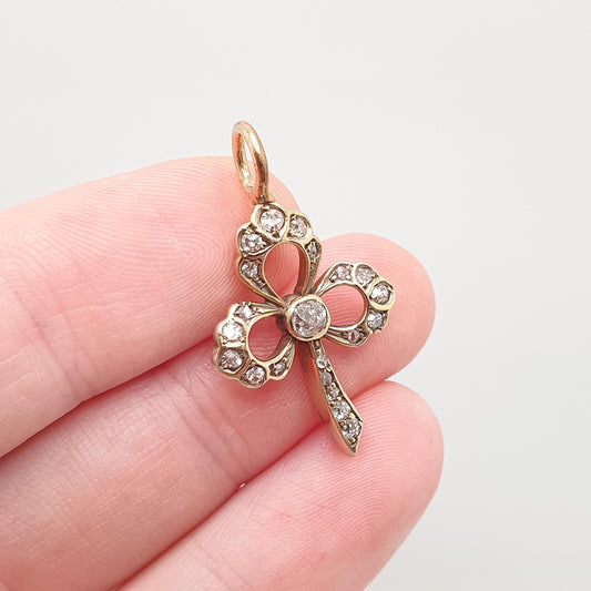 Antique Gold on Solid Silver Natural Diamond Clover Pendant Necklace Old Cut Diamonds Victorian Gold Vermeil Vintage Jewellery Jewelry