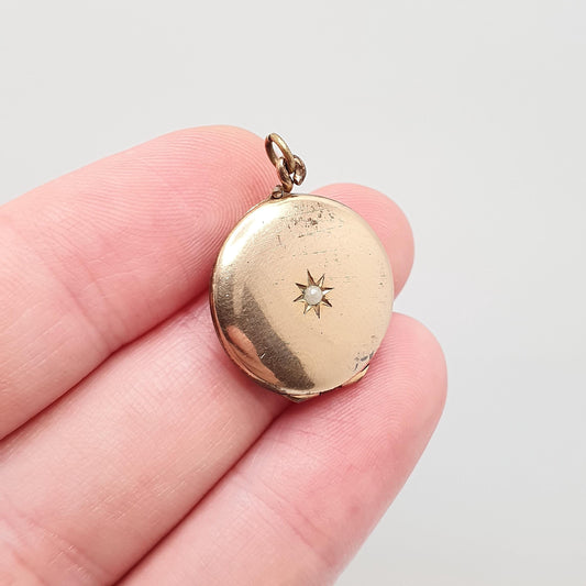 Antique Rolled Gold Locket Seed Pearl Star Set Necklace Pendant Star Rose Gold Filled Round Circle Vintage Jewellery Jewelry