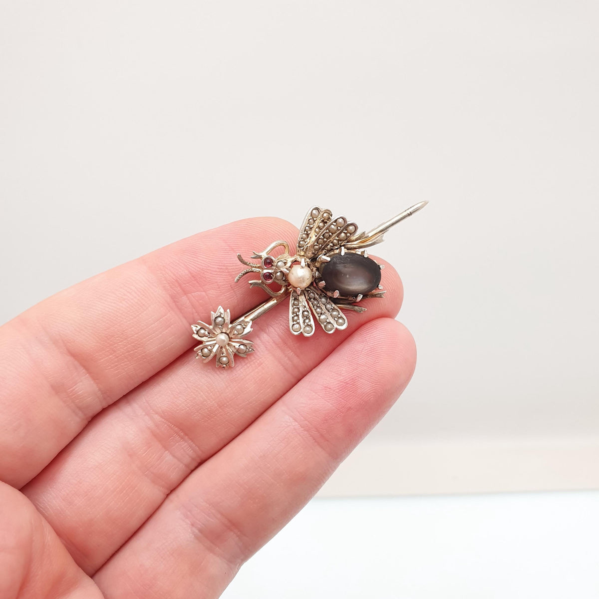Antique Solid Silver Victorian Fly Brooch Seed Pearl Abalone Shell Paste Eyes Bug Insect Vintage Rare Unique Womens Jewelry Jewellery