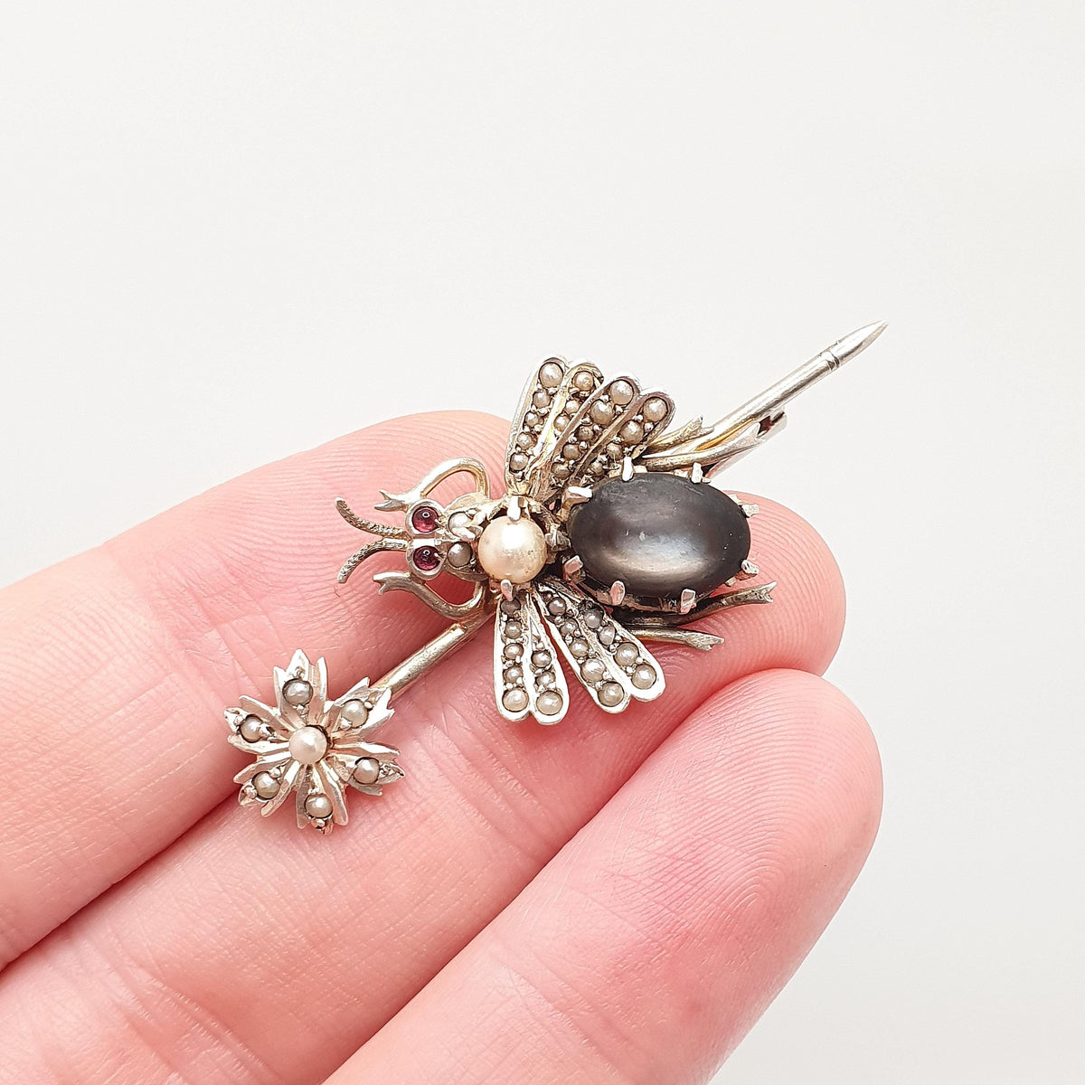 Antique Solid Silver Victorian Fly Brooch Seed Pearl Abalone Shell Paste Eyes Bug Insect Vintage Rare Unique Womens Jewelry Jewellery