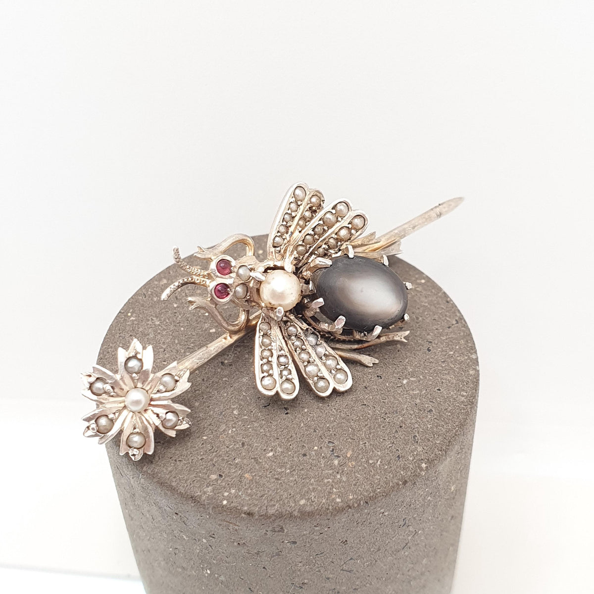 Antique Solid Silver Victorian Fly Brooch Seed Pearl Abalone Shell Paste Eyes Bug Insect Vintage Rare Unique Womens Jewelry Jewellery