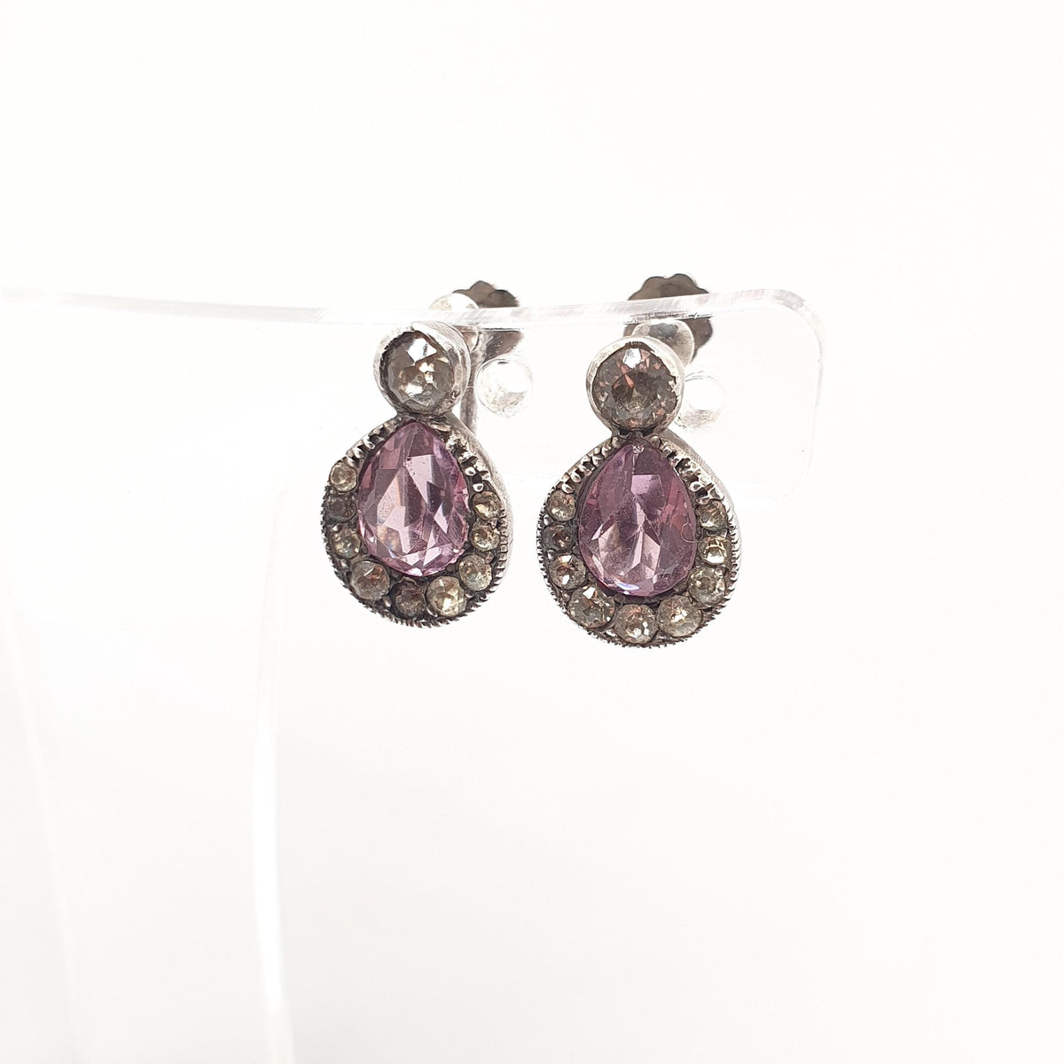 Antique Solid Silver Amethyst & Diamond Paste Earrings Victorian Pear Cut 1800s Vintage Jewelry Jewellery