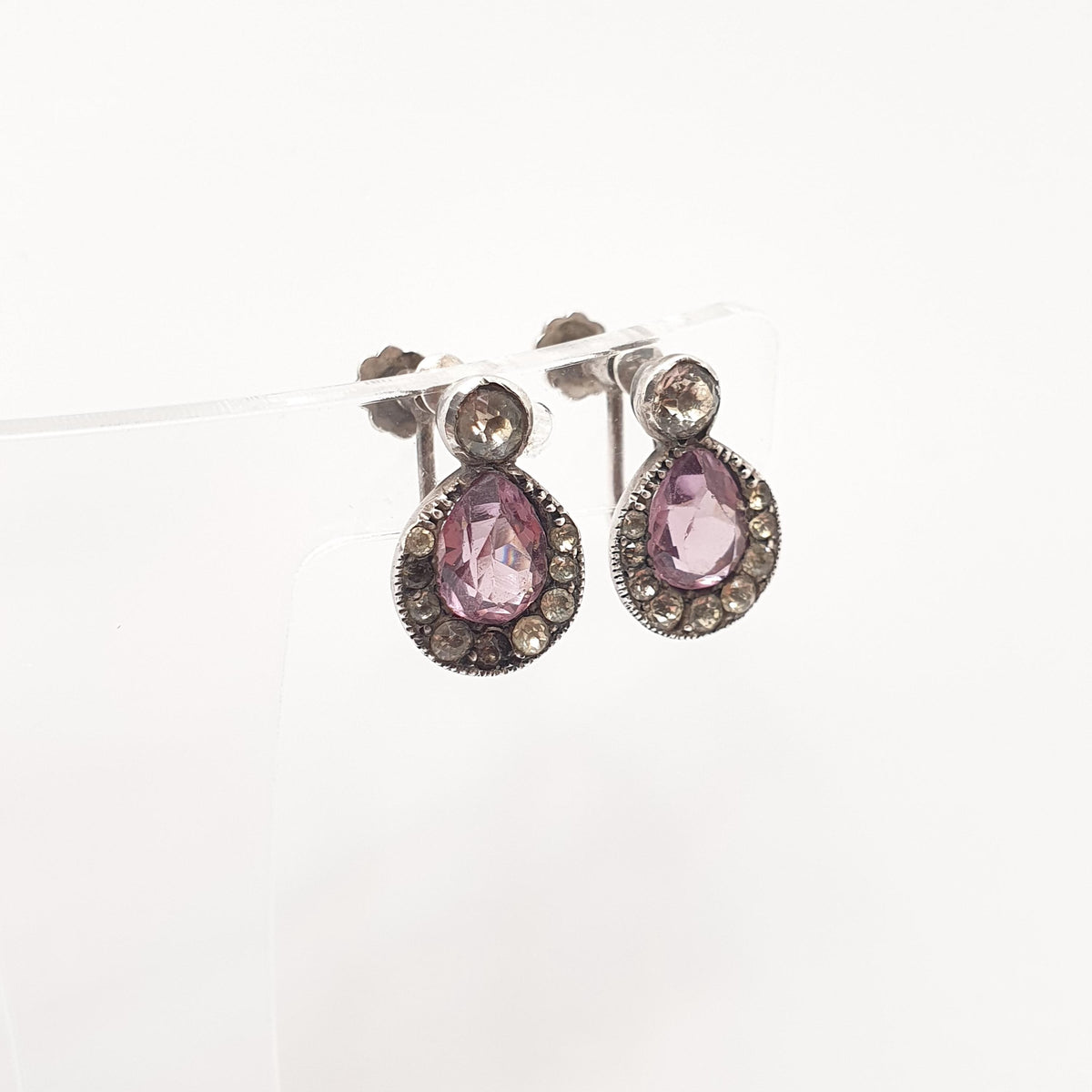 Antique Solid Silver Amethyst & Diamond Paste Earrings Victorian Pear Cut 1800s Vintage Jewelry Jewellery