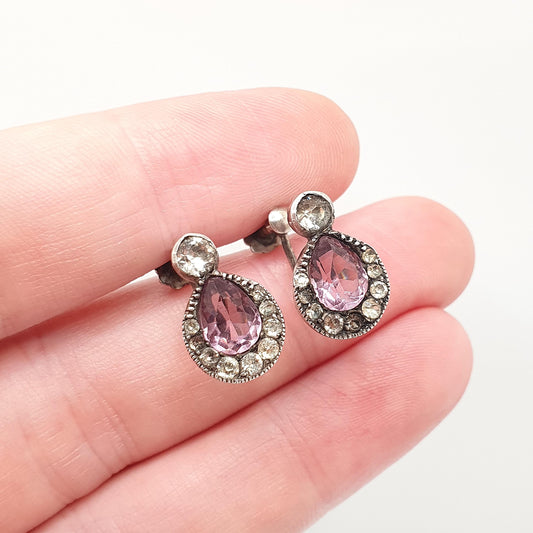 Antique Solid Silver Amethyst & Diamond Paste Earrings Victorian Pear Cut 1800s Vintage Jewelry Jewellery