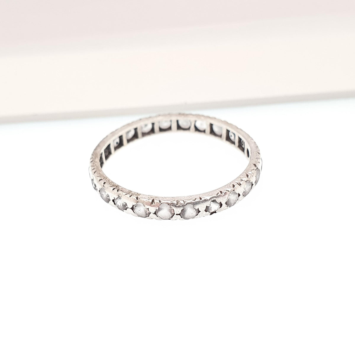 Antique Solid Silver Eternity Ring White Spinel Gemstone Art Deco 1920s Band Stacker Stacking Vintage Womens Jewelry Jewellery UK Q US 8.25