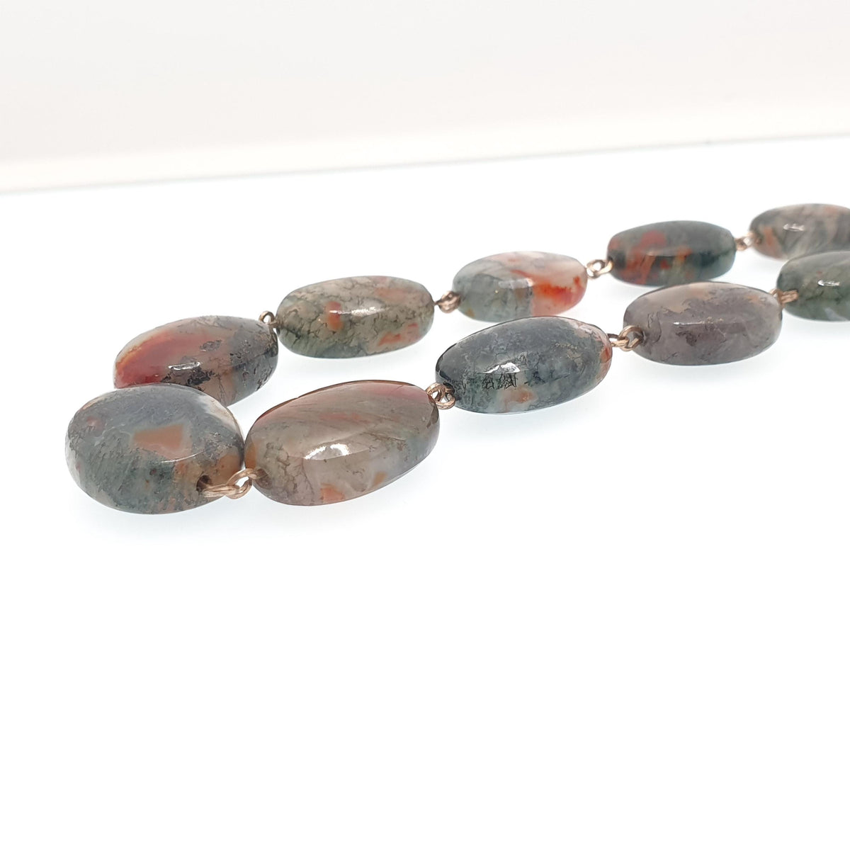 Antique Moss Agate Bead Necklace Rolled Gold Filled Natural Veined Quartz Gemstone Chunky 41cm 16.1" 57.64g Vintage Womens Jewellery Jewelry