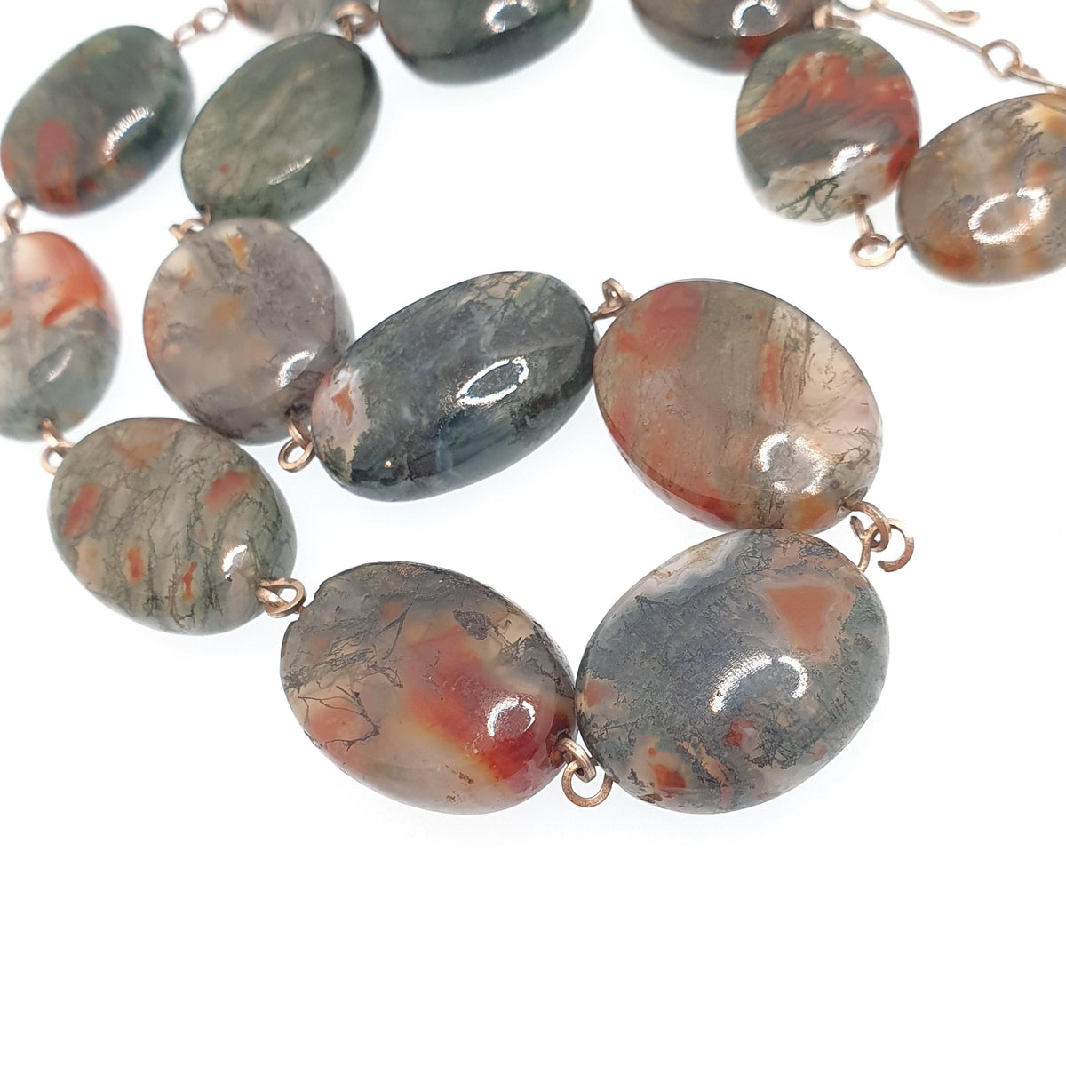 Antique Moss Agate Bead Necklace Rolled Gold Filled Natural Veined Quartz Gemstone Chunky 41cm 16.1" 57.64g Vintage Womens Jewellery Jewelry